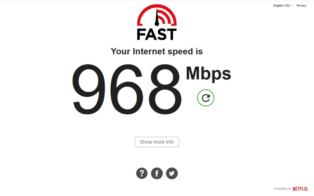 The ISP Bottleneck Reality
Even at peak wireless performance, our 1Gbps symmetrical fiber plan became the limiting factor. Fast.com consistently capped at 940–980Mbps due to Ethernet overhead—regardless of WiFi standard. During peak usage hours (7–10 PM), available bandwidth dropped by 15–25% across the board.
WiFi 7’s efficiency and lower latency helped maintain smoother performance during congestion, but it couldn’t bypass the hard limits imposed by the ISP connection.